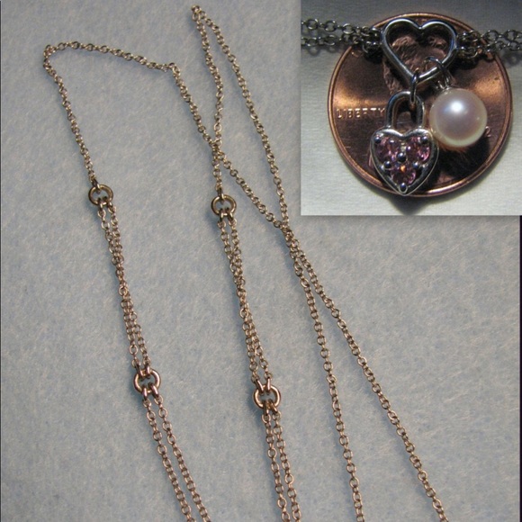 Vintage 14K WHITE GOLD heart necklace with pink tourmaline and pearl - Picture 6 of 6